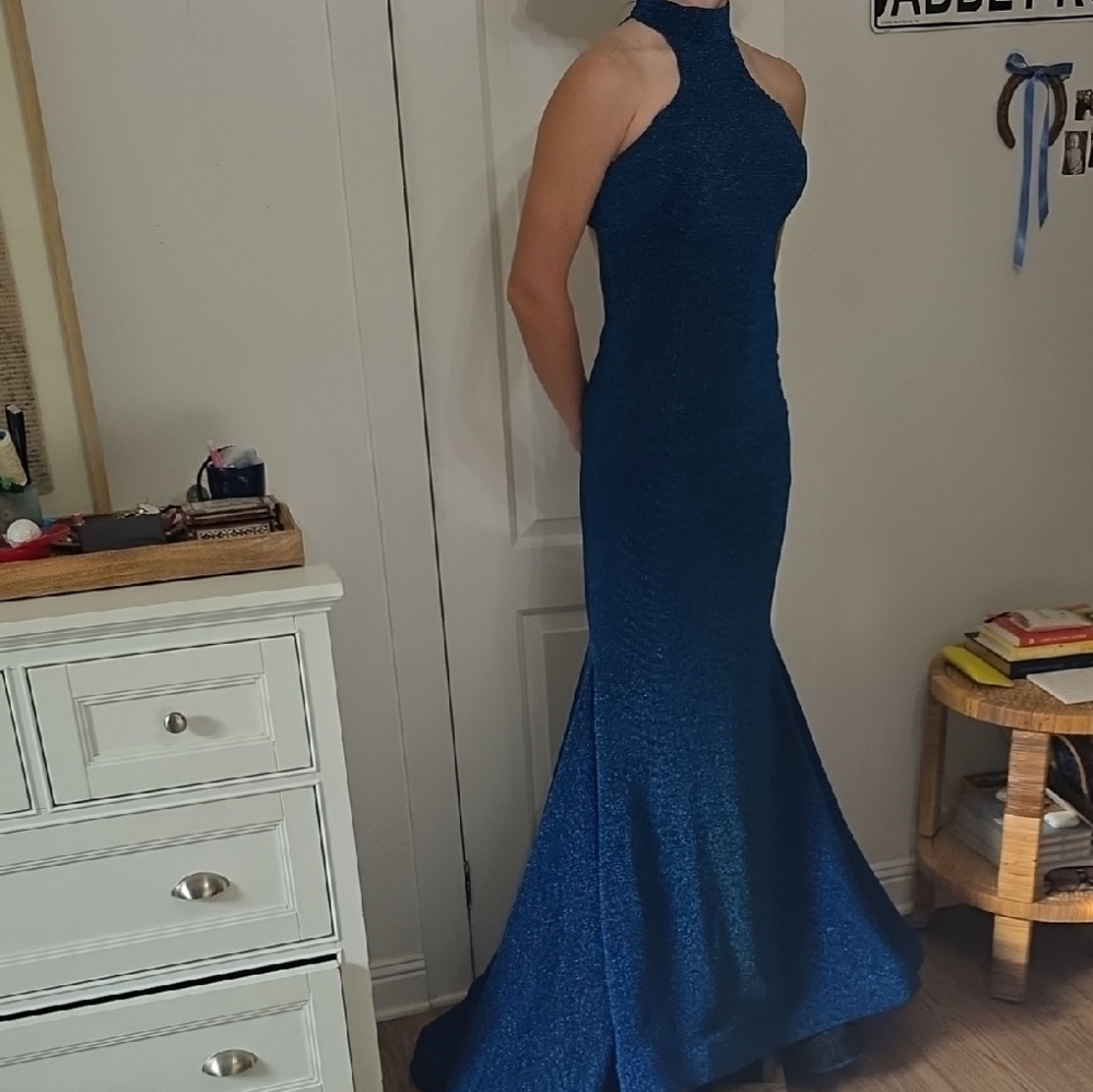 Blue Sequin Halter Neck Prom Gown